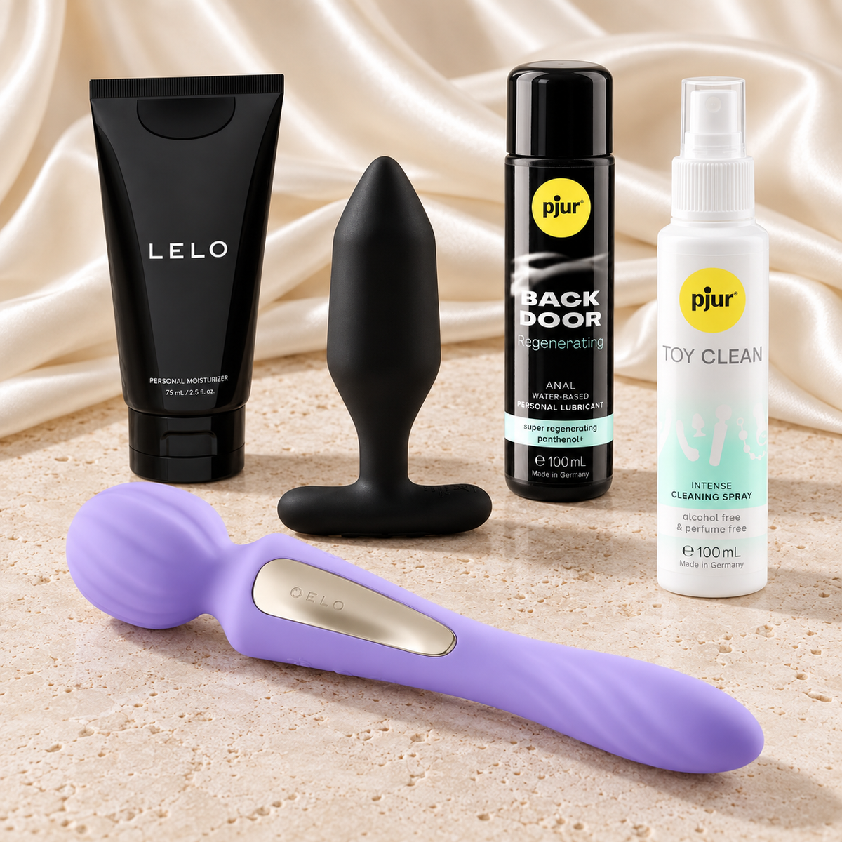 After Hours Paar-Set mit LELO SWITCH Purple, Je Joue Onyx und drei Pflegeprodukten von LELO und pjur