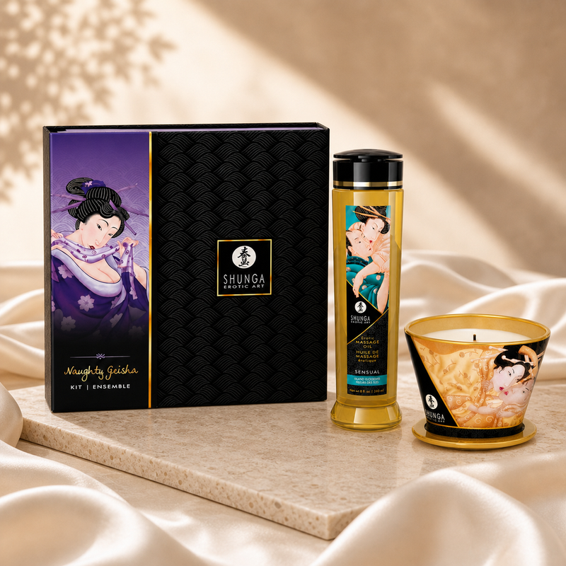 Shunga Massage-Ritual für Paare mit Entdeckungsset, Massageöl und Massagekerze